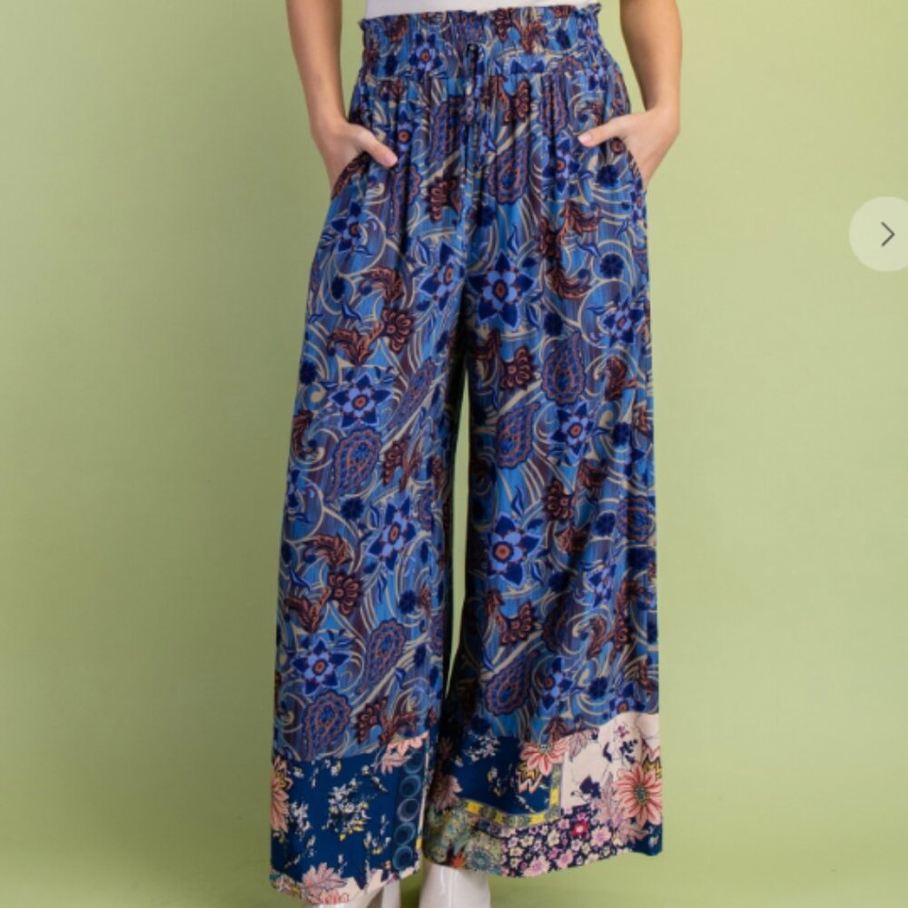 298.Mixed Print Wide Leg Pants with an Elastic Waist and Tie String